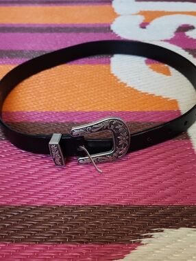 Straight To Hell Black Leather Western Buckle Belt with Engraved Silver-Tone